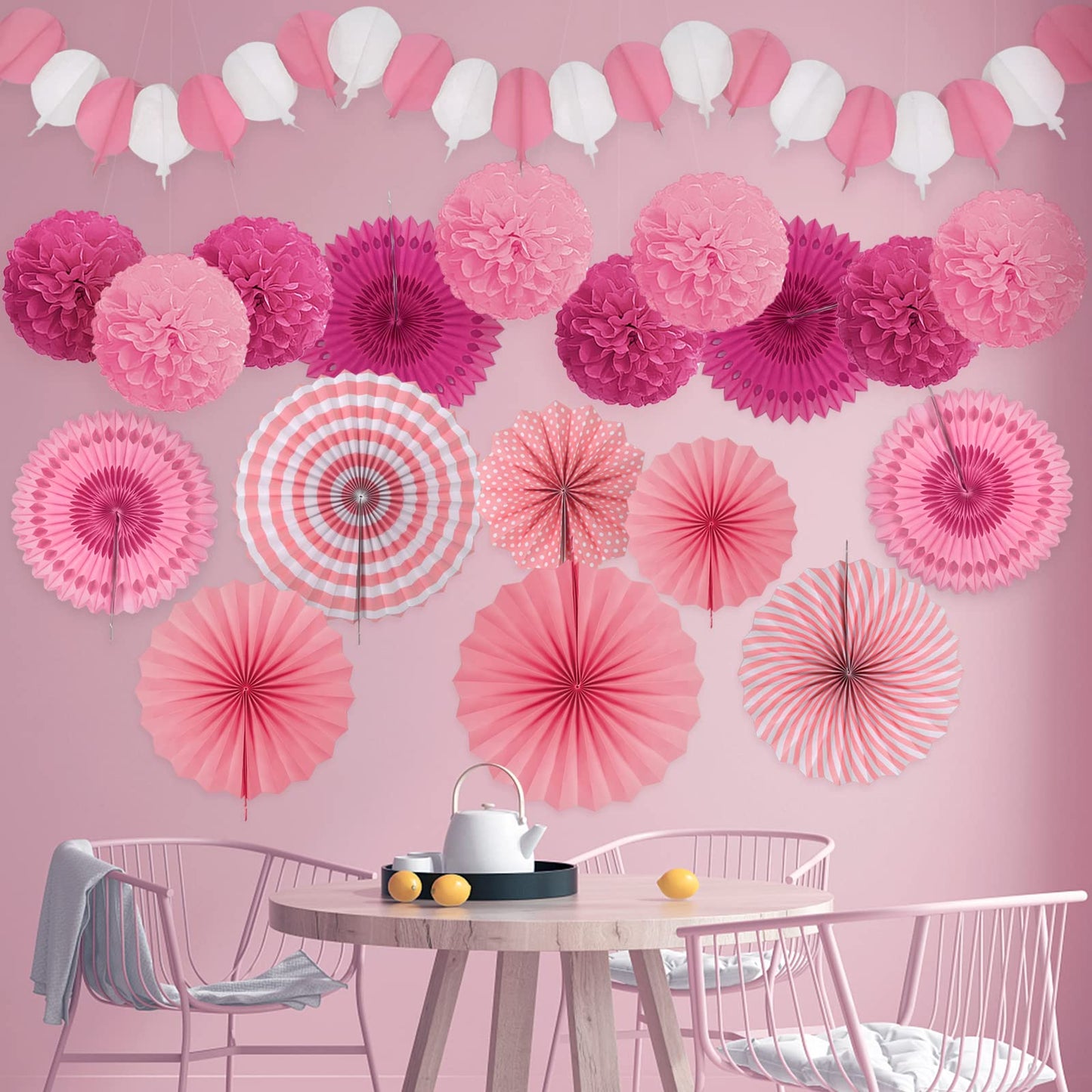 Recosis Party Decorations, Pink Papar Fans Pompoms Garlands For Women Girls Mothers Day Bachelorette Wedding Birthday Baby Showe