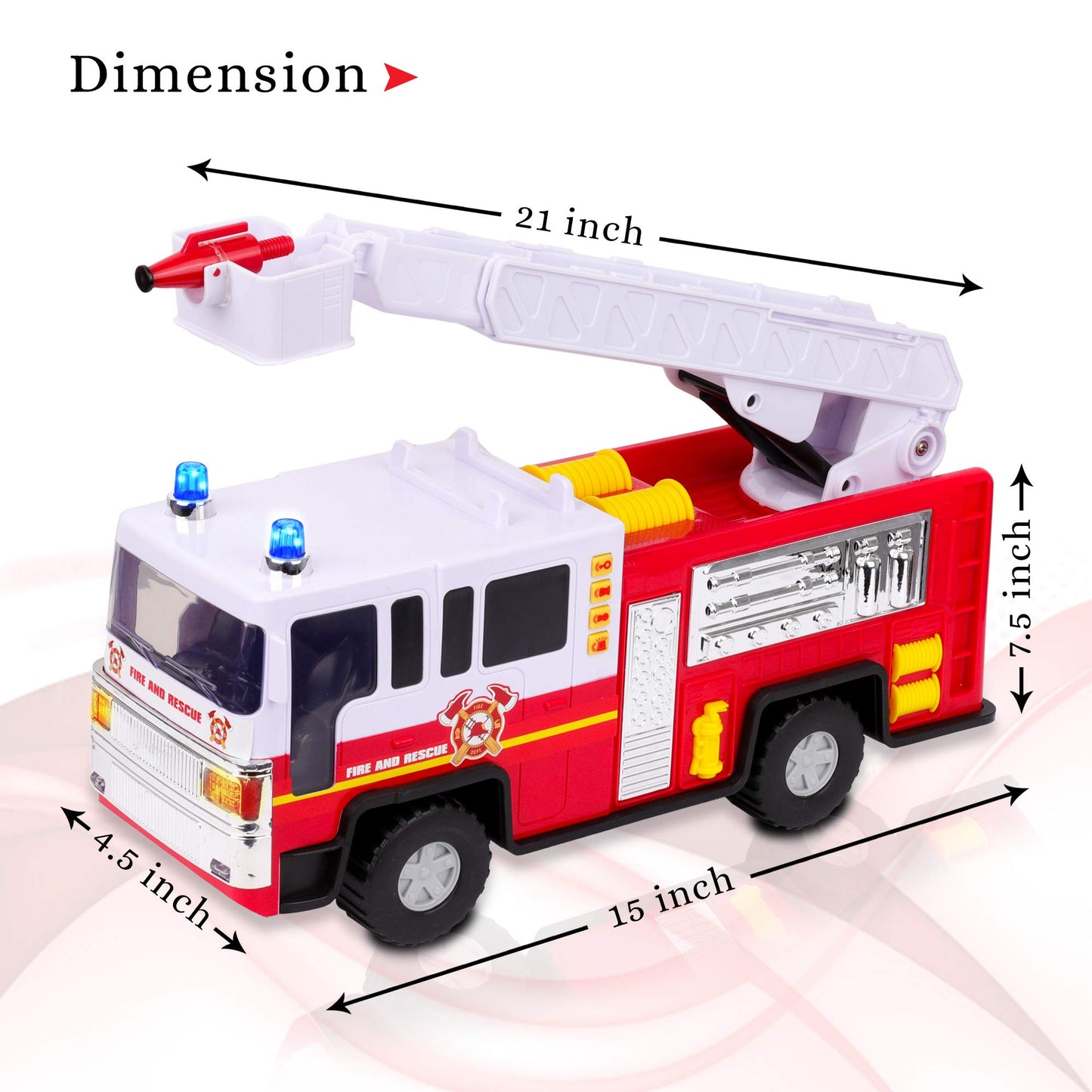 Playkidiz 15'' Fire Truck Toy for Kids with Lights and Siren Sounds, Classic Red and White Rolling Emergency Vehicle, Interactiv