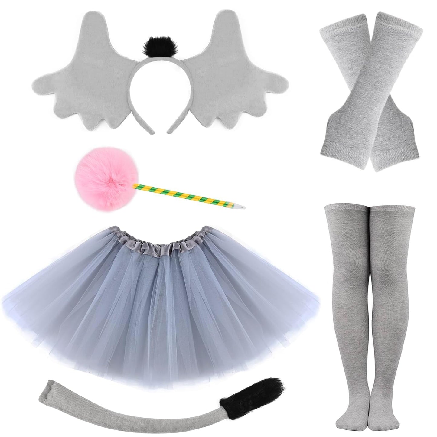 Matiniy 6 Pcs Elephant Costume Set Include Headband Tutu Skirt Tail Gloves Socks And Pom Pen For World Book Day Dress Up