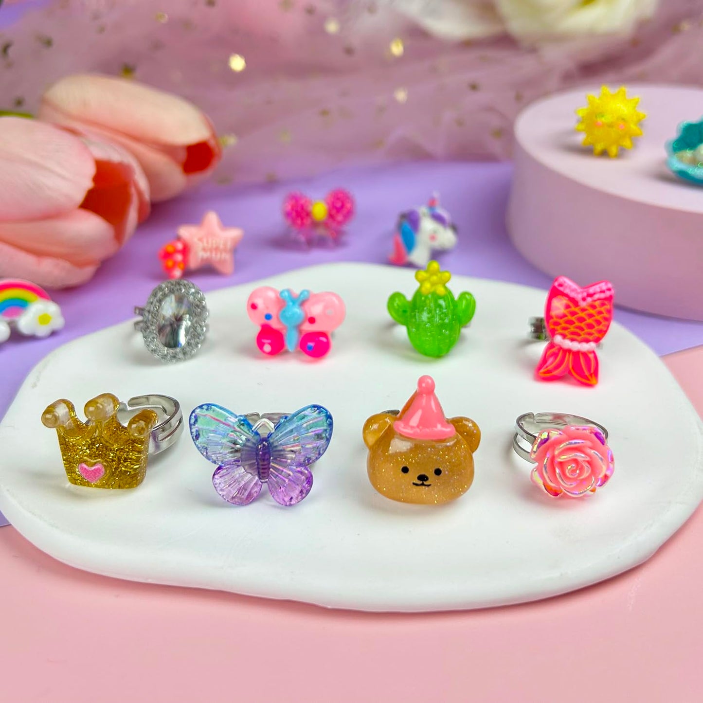 ELEMIRSA 28pcs Little Girl Rings, Princess Game Pretend Play & Dress Up Jewel Rings Set, Multicolored, Adjustable, Female, 4-12