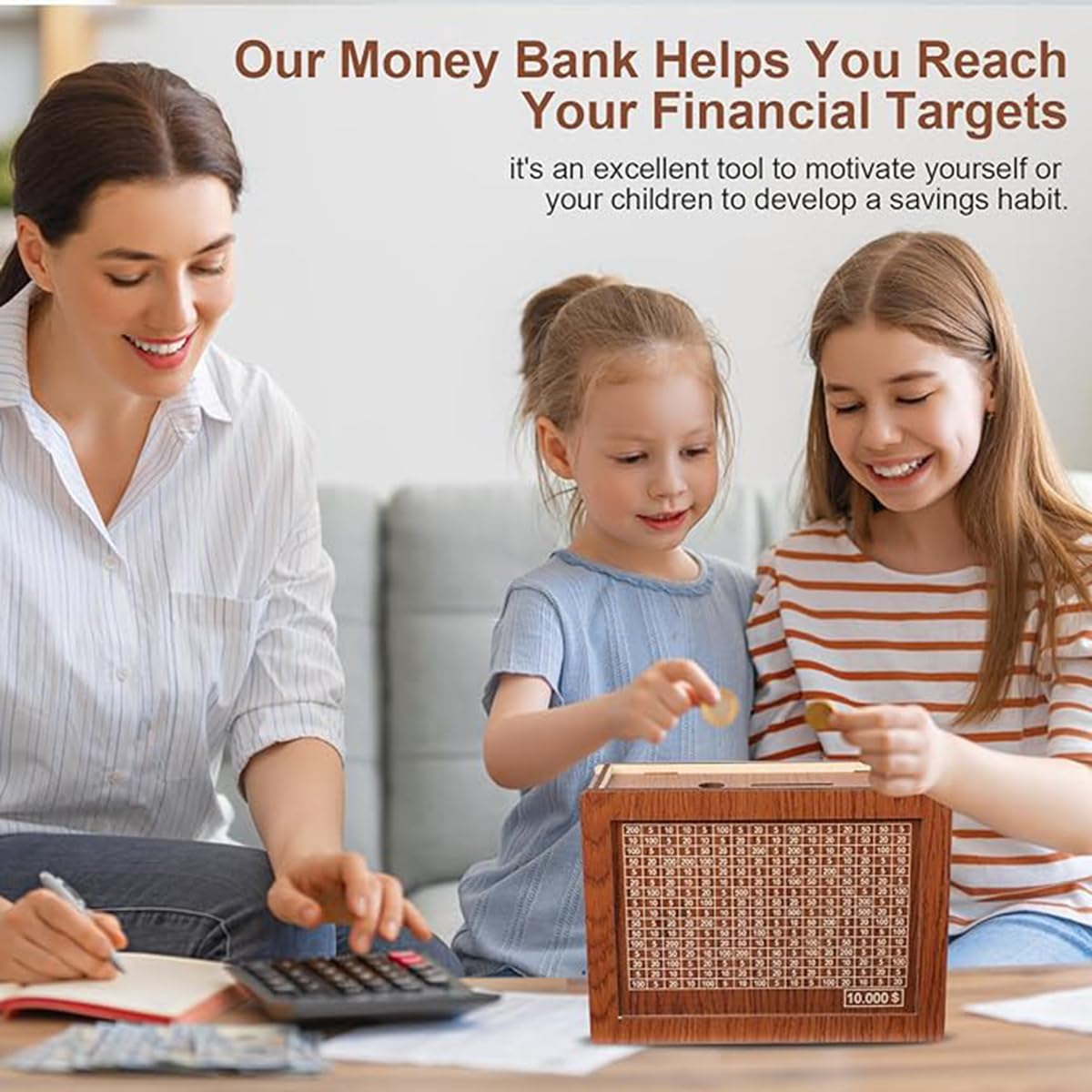 Vaiwenta Wooden Piggy Bank for Kids & Adults - $10000 Savings Goal Money Box, Yellow, Perfect Gift for Friends