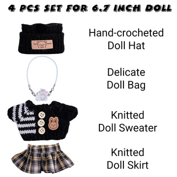 4 Piece Handcrafted Crochet Doll Clothes for 17cm/15cm Labubu Dolls (No Doll) Cute and enhanced Outfits with Accessories Hand Crocheted Hat Sweaters Skirt Bag (Black) AK051