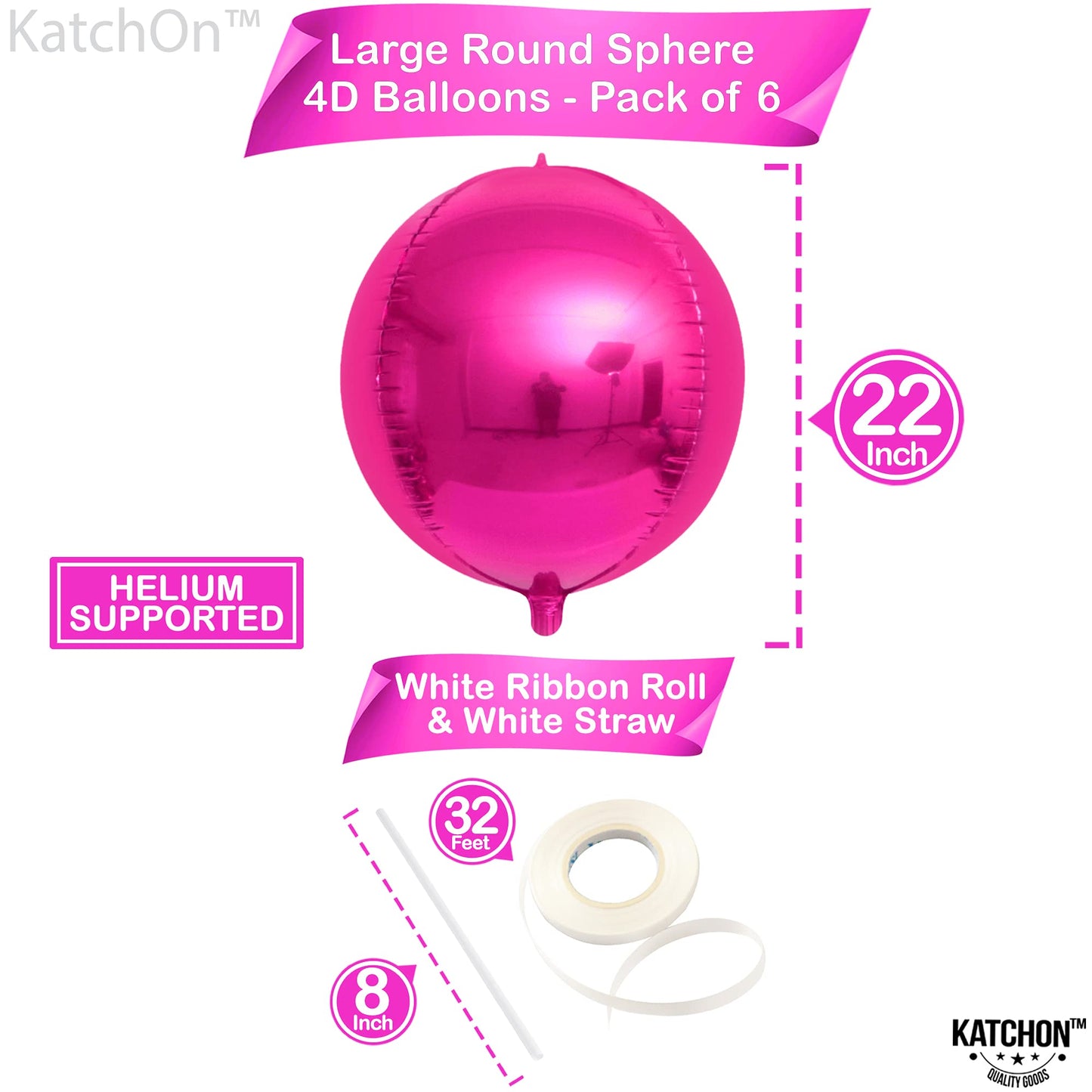 Katchon, Big Hot Pink Balloons - 22 Inch, Pack Of 6 | Round 4D Mylar Hot Pink Foil Balloons | Galentines Balloons For Galentines Day Decorations | Hot Pink Metallic Balloons For Pink Party Decorations