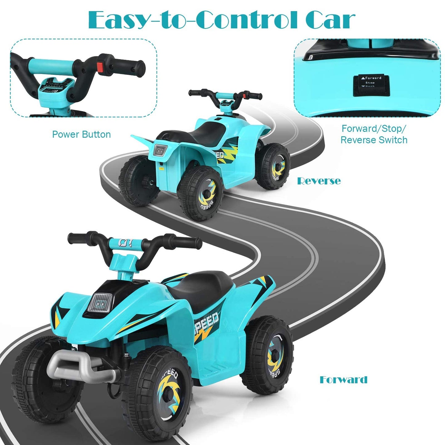 Olakids Kids Ride On Atv, 6V Motorized Quad Toy Car For Toddlers, 4 Wheeler Battery Powered Electric Vehicle For Boys Girls With Forward/Reverse Switch, Anti-Slip Wheels (Aqua)