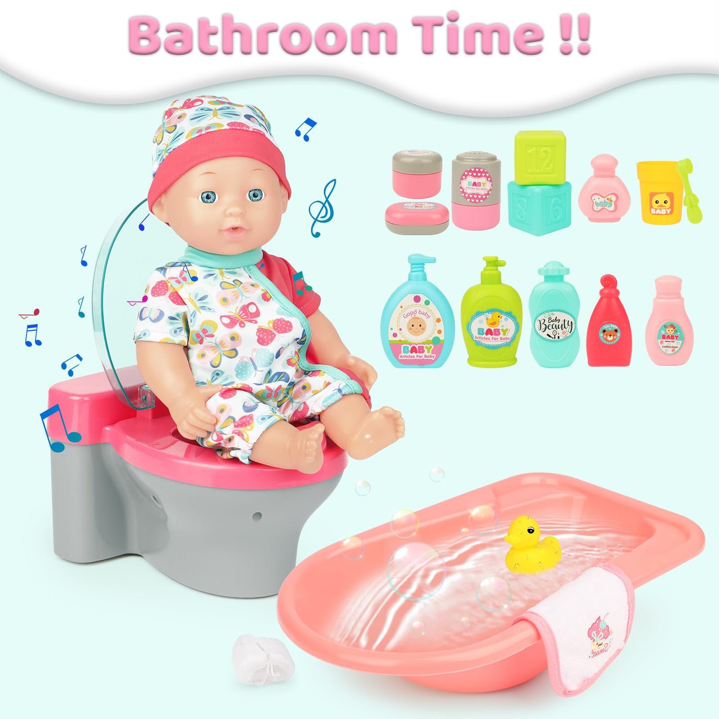 Deao Baby Doll Play Set, 25 Pcs Baby Dolls Accessories With Chair Booster Seat High Crib Toy Toilet And Bathtub Pretend Play Toys Gift For Ages 3 4 5 6 7 8 9 Girls Kids