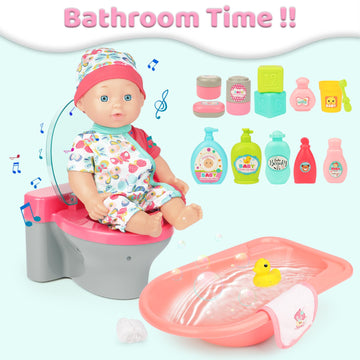 deAO Baby Doll Play Set - 25 PCS Accessories, Medium Size, Pink, Includes Crib, Toilet, Bathtub - Perfect Gift for Girls Ages 3-9