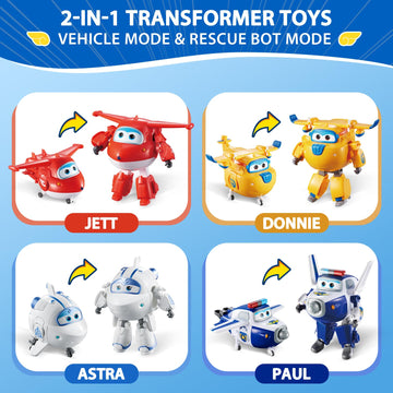 Super Wings Transformers 5" Action Figure 4-Pack - Educational Toys for Kids Age 3+, Jett, Paul, Donnie, Astra, Plastic, Model US730206