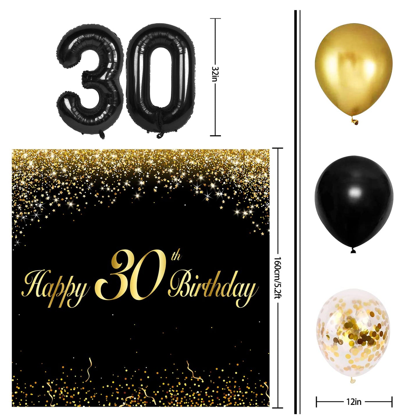 Happy 30Th Birthday Balloons Black Set Decor - Cheers To 30 Years Old Party Theme Garland Banner Backdrop Decorations For Women
