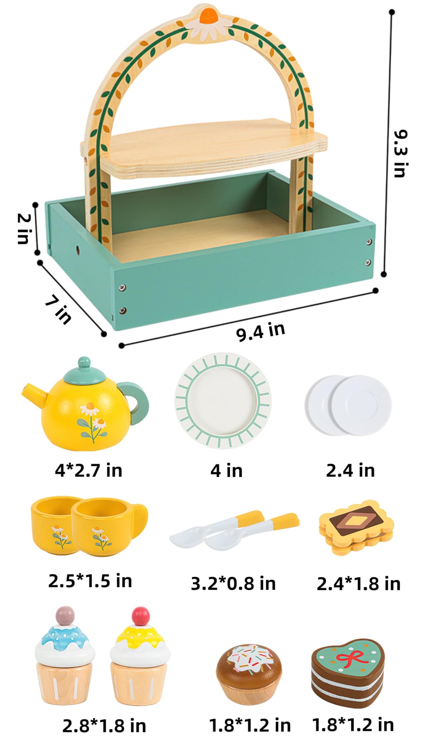 Wooden Dessert Cake Tea Party Set for Little Girls Toys, Pretend Play Kids Tea Set for Toddlers Wood Toys, Wooden Play Food Kitc