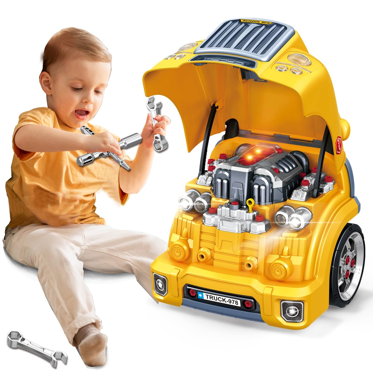 MUGEYMYD Large Truck Engine Toy for Kids 3-5, Take Apart Motor Vehicle Pretend Play Car with Light and Sound, Kids Mechanic Work