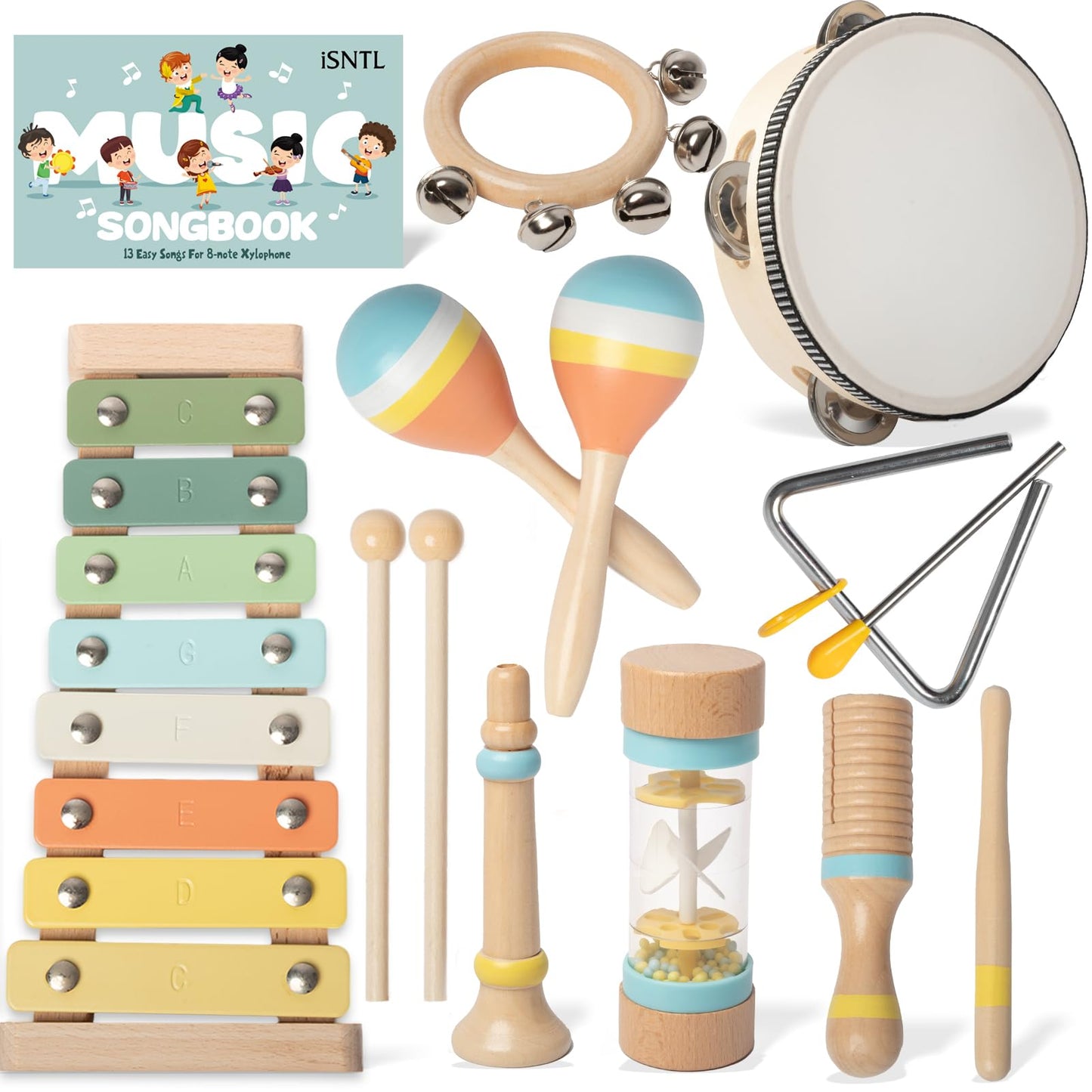 Baby Musical Instruments - Wooden Montessori Toys for Toddlers,Modern Boho Xylophone Includes Songbook with 13 Kids Songs,Neutr