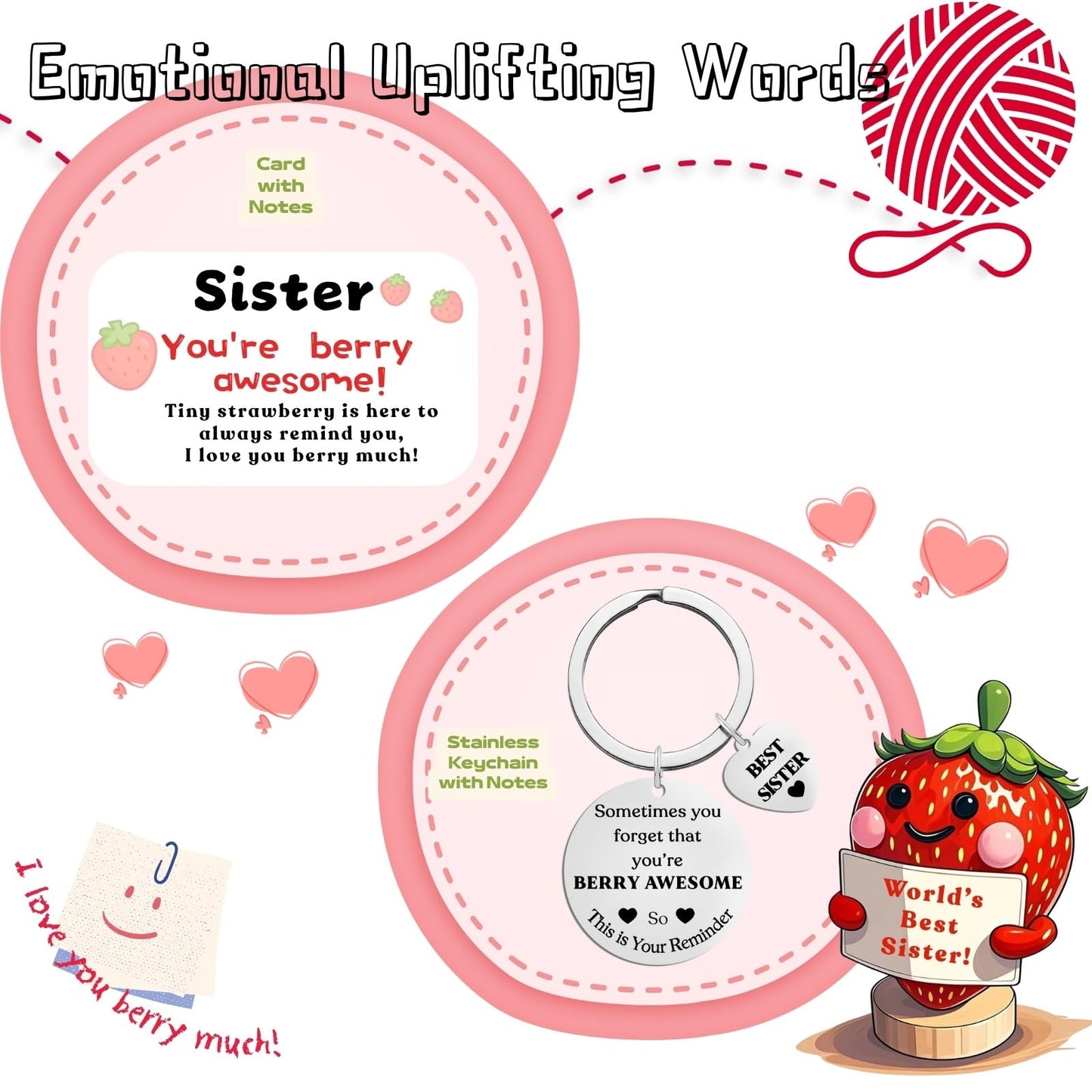 Sister Gifts Positive Crochet Strawberry: Big Sis Sister-in-Law Friends mature-themed Gifts for Birthday Christmas White Elephant Day Genlentines Handmade Cute Berry Awesome Card Base Keychain (Sister)