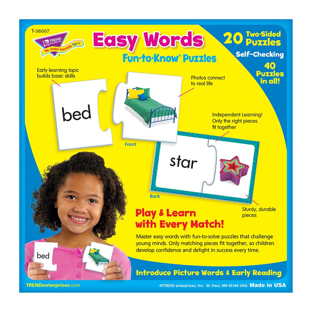 Trend Enterprises: Fun-To-Know Puzzles: Easy Words, Learn Basic Words & Matching Pictures, 20 Two-Sided Puzzles, Self-Checking,