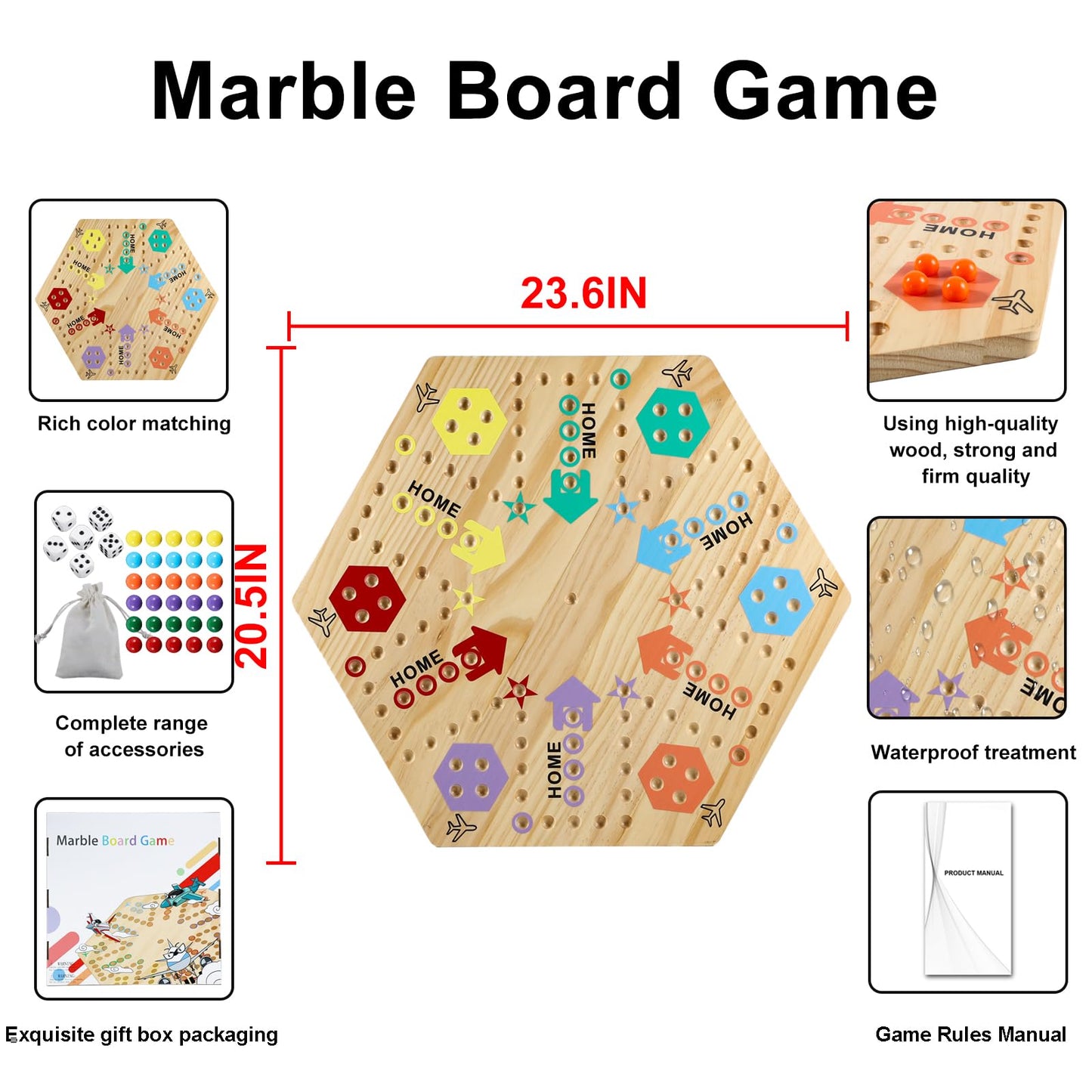 Medikaison Extra Large 23.6 Inches Wahoo Marble Board Game 4 And 6 Players 2 Sided Painted Thicken Wood Board Perfect Game For Family Friends Party