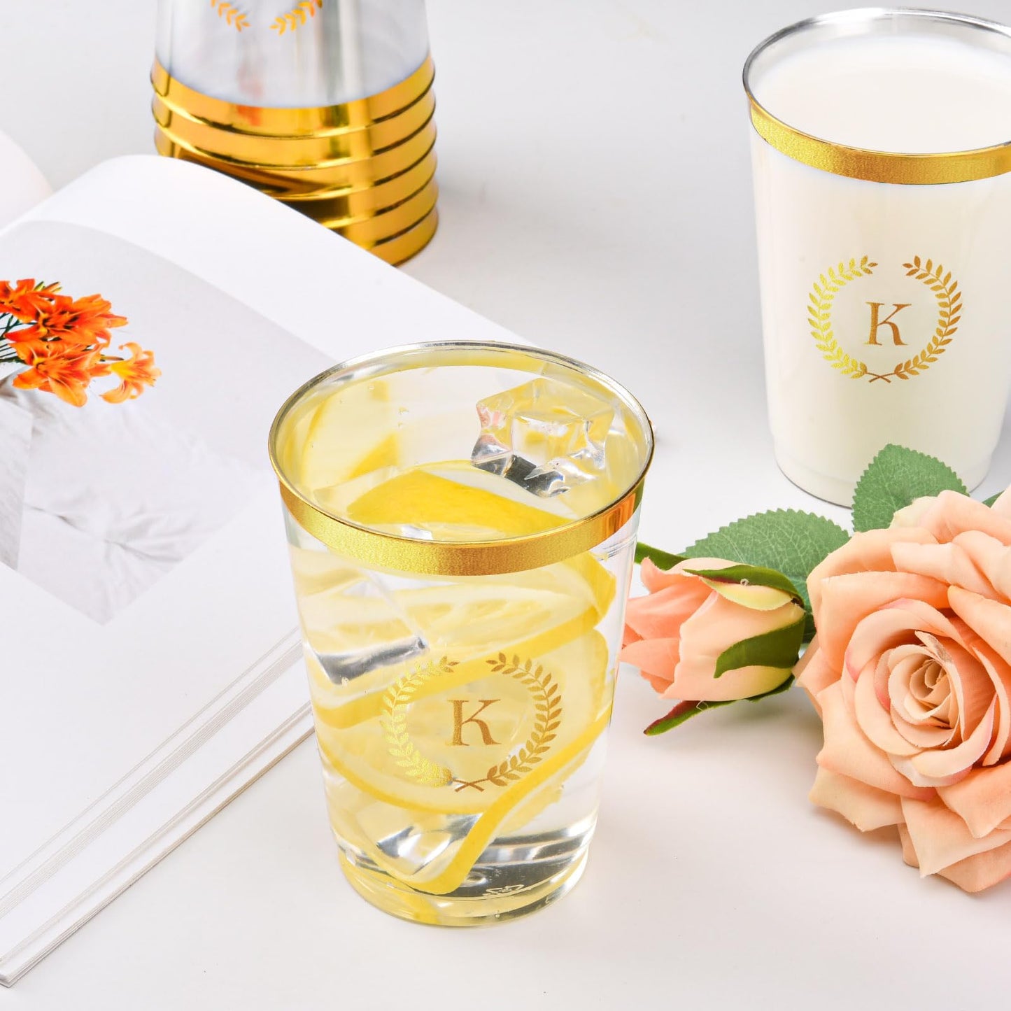 Datyiiha 100 Pieces Monogrammed Plastic Cups Gold Foil Letter K Disposable Cups 12 Oz Clear Initial Party Cups For Wedding Birth