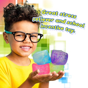 JA-RU Squishy Kool Kube (4 Cubes Assorted) Irresistible Squeezy Glitz Cube Toy for Boys & Girls. Stretchy Ulti-Malt Squish Feel Fidget for Kids Teen & mature-themed. Stress Relief Fun Party Favor. 4542-4