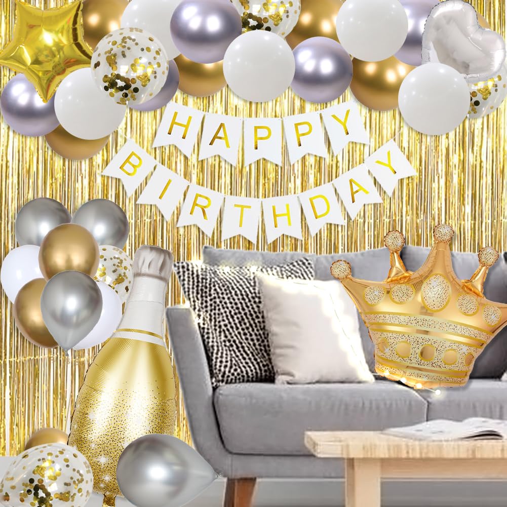 Msmancy White And Gold Birthday Decorations For Women Men 53Pcs With Happy Birthday Banner Curtains Bottle Crown Heart Star Led