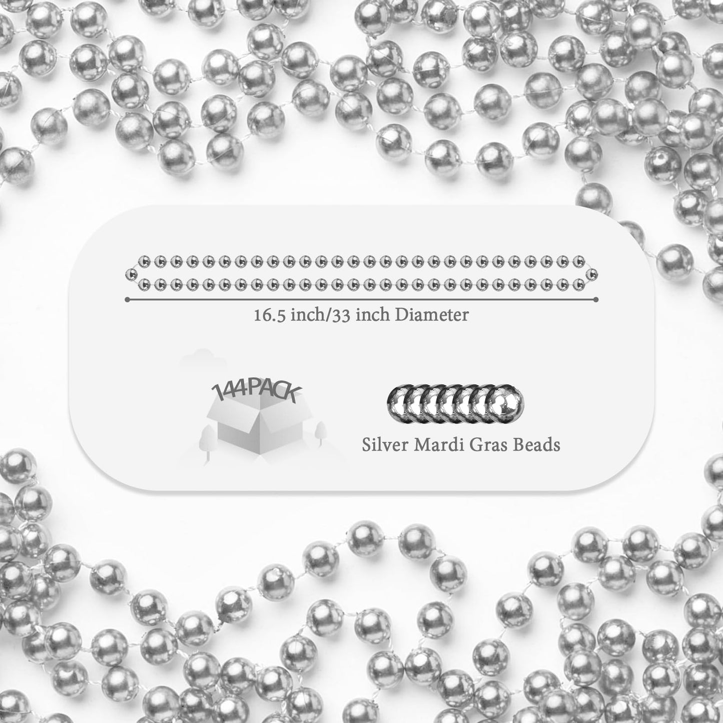 144 PCS Silver Bead Necklaces, Silver Mardi Gras Christmas Beads Necklaces, Patriotic Necklaces, 33 Inch Beaded Necklaces for Ma
