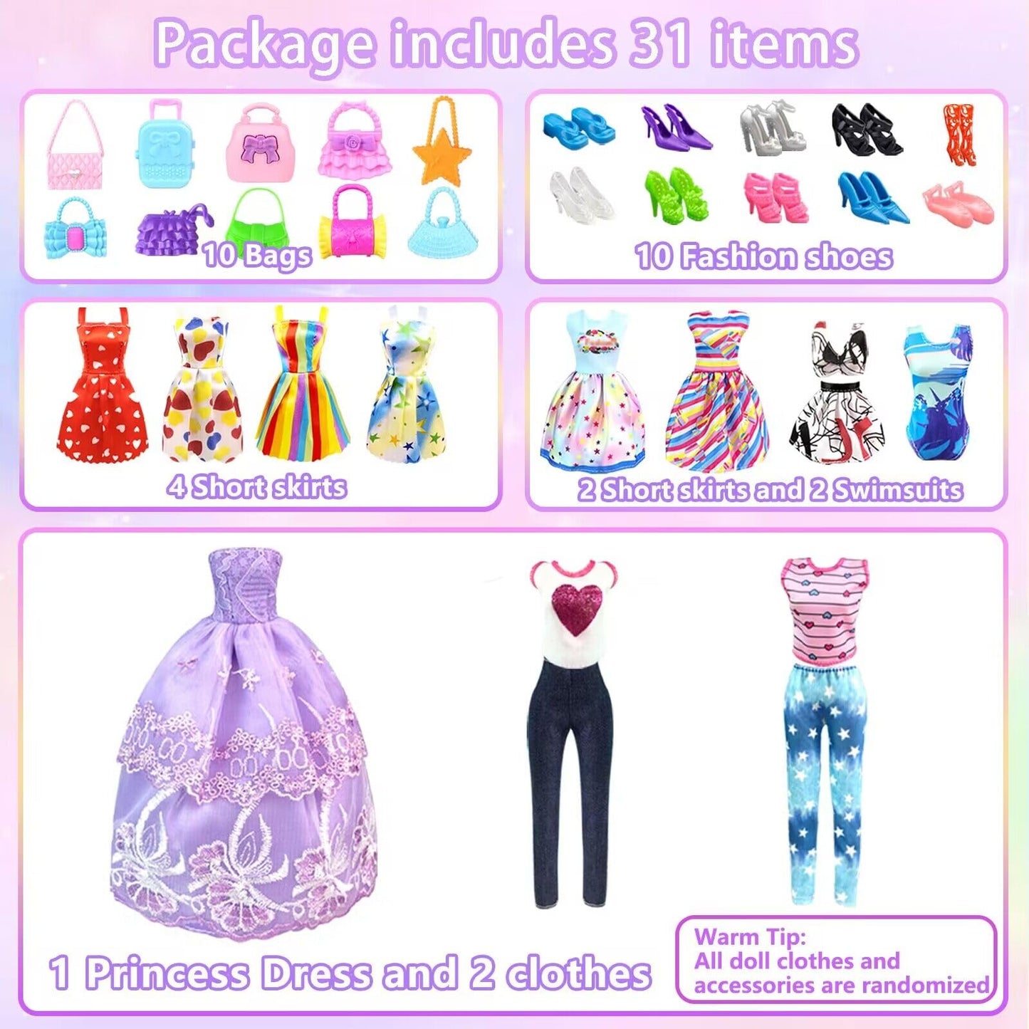 Doll Clothes And Accessories For 11.5 Inch Doll Dress Up Set With 1 Wedding Gown Dress 2 Fashion Dresses 4 Mini Dresses 2 Tops And Pants Outfits Swimsuits 10 Shoes 10 Bags Toys Gift For Girls