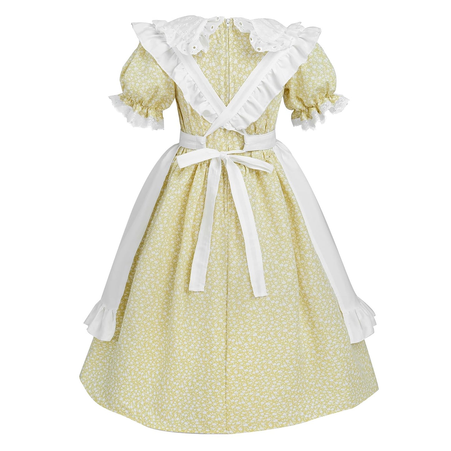 Ltakk Pioneer Dress Girls Colonial Costume Prairie Pilgrim Girl Dresses With Ruffled Pinafore, Olive Yellow, Xl, Age Over 4 Year