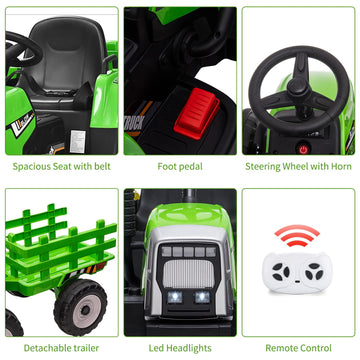 Kids Ride On Tractor With Green Trailer & Remote Control, 12V Toddler Battery Powered Electric Vehicle With Slow Start 7Led Head