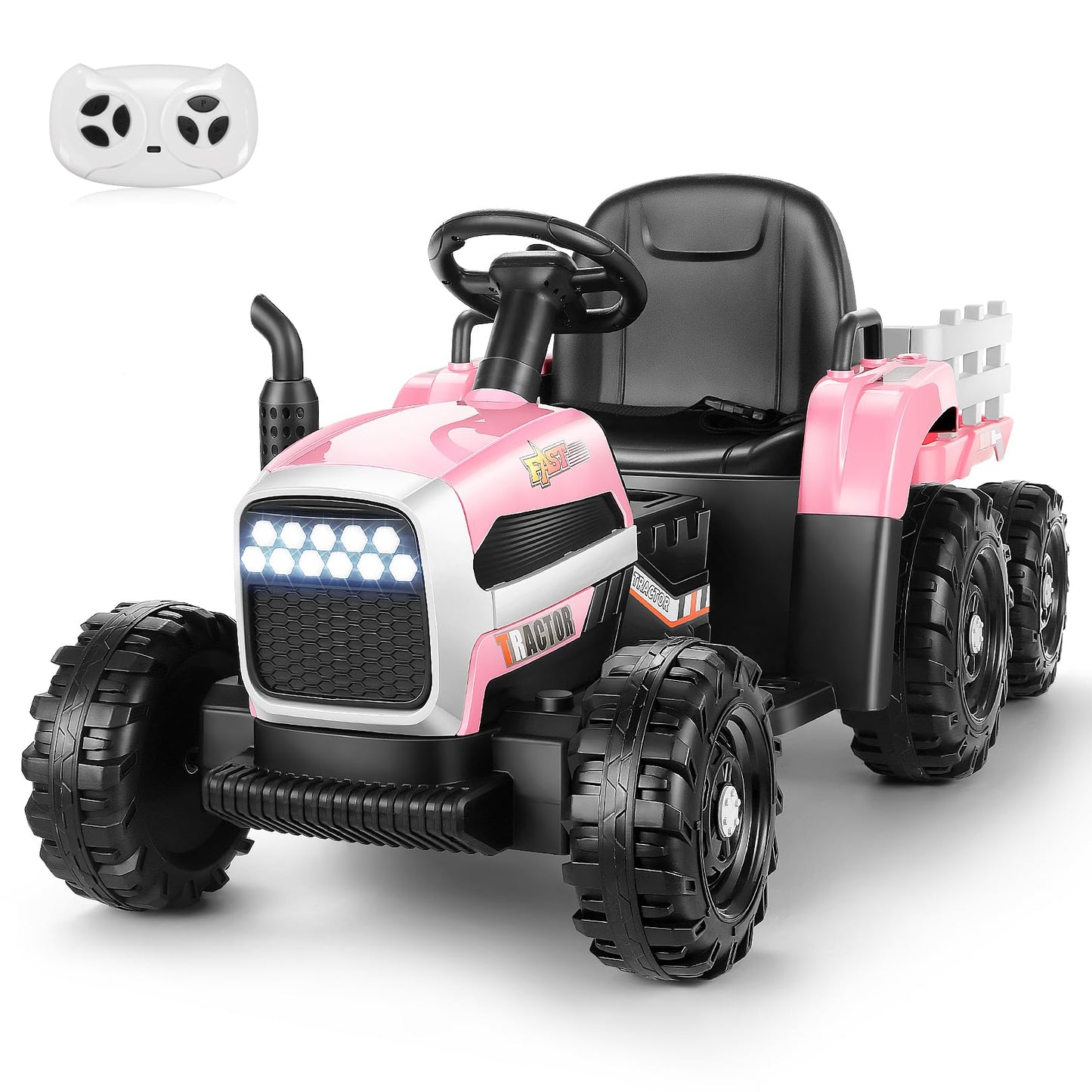 Hikole Ride on Tractor with Trailer, Kids Electric Tractor with Remote Control, Detachable Trailer, 11-LED Headlights, 30W Dual