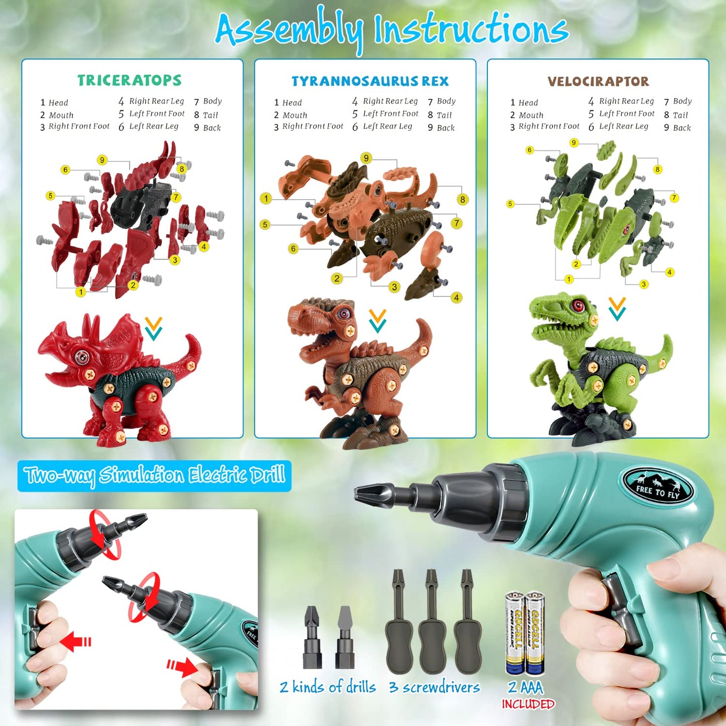 FREE TO FLY Dinosaur Toys - 9-Piece STEM Take Apart Dino Set for Kids 3-8, Electric Drill Building Learning Gift, Red