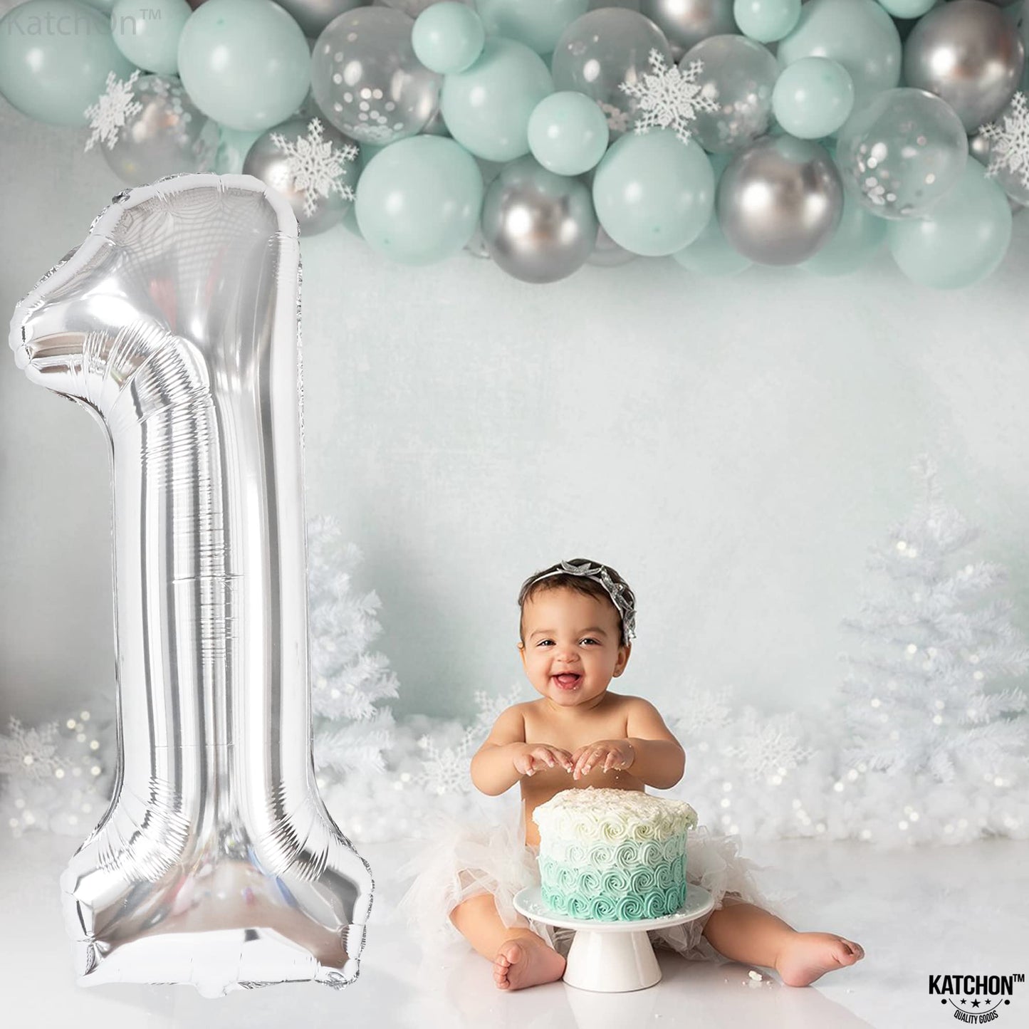 Katchon, Silver 1 Balloon For First Birthday - Giant, 40 Inch | One Balloon For First Birthday, Winter Onederland 1St Birthday Girl | 1 Balloons For 1St Birthday Silver, 1St Birthday Decorations Girls