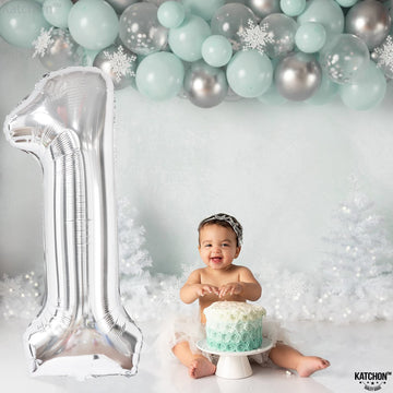 Katchon, Silver 1 Balloon For First Birthday - Giant, 40 Inch | One Balloon For First Birthday, Winter Onederland 1St Birthday Girl | 1 Balloons For 1St Birthday Silver, 1St Birthday Decorations Girls