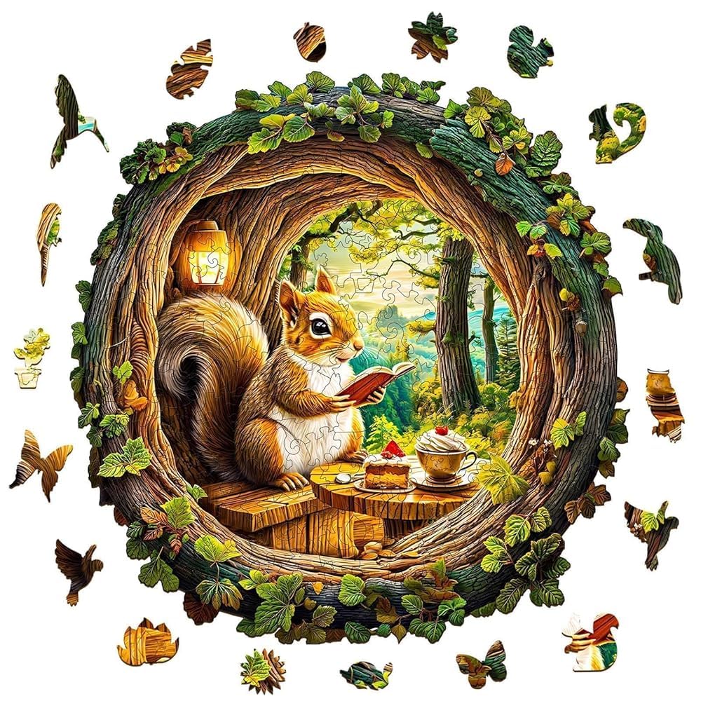 Wooden Puzzles for Adults - Squirrel in The Cave, Flat Puzzle with 3D Visual Effect, Unique Shape Wood Puzzles Adult, Good Gift
