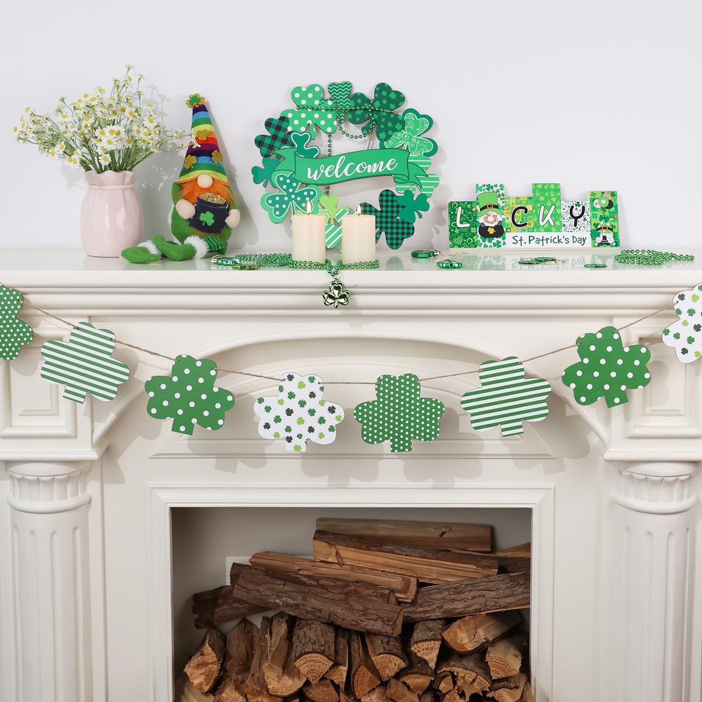 Arosche St Patricks Day Decorations Wooden Shamrocks Garland Green Shamrocks Lucky Irish Rustic Farmhouse Happy St. Patricks Da