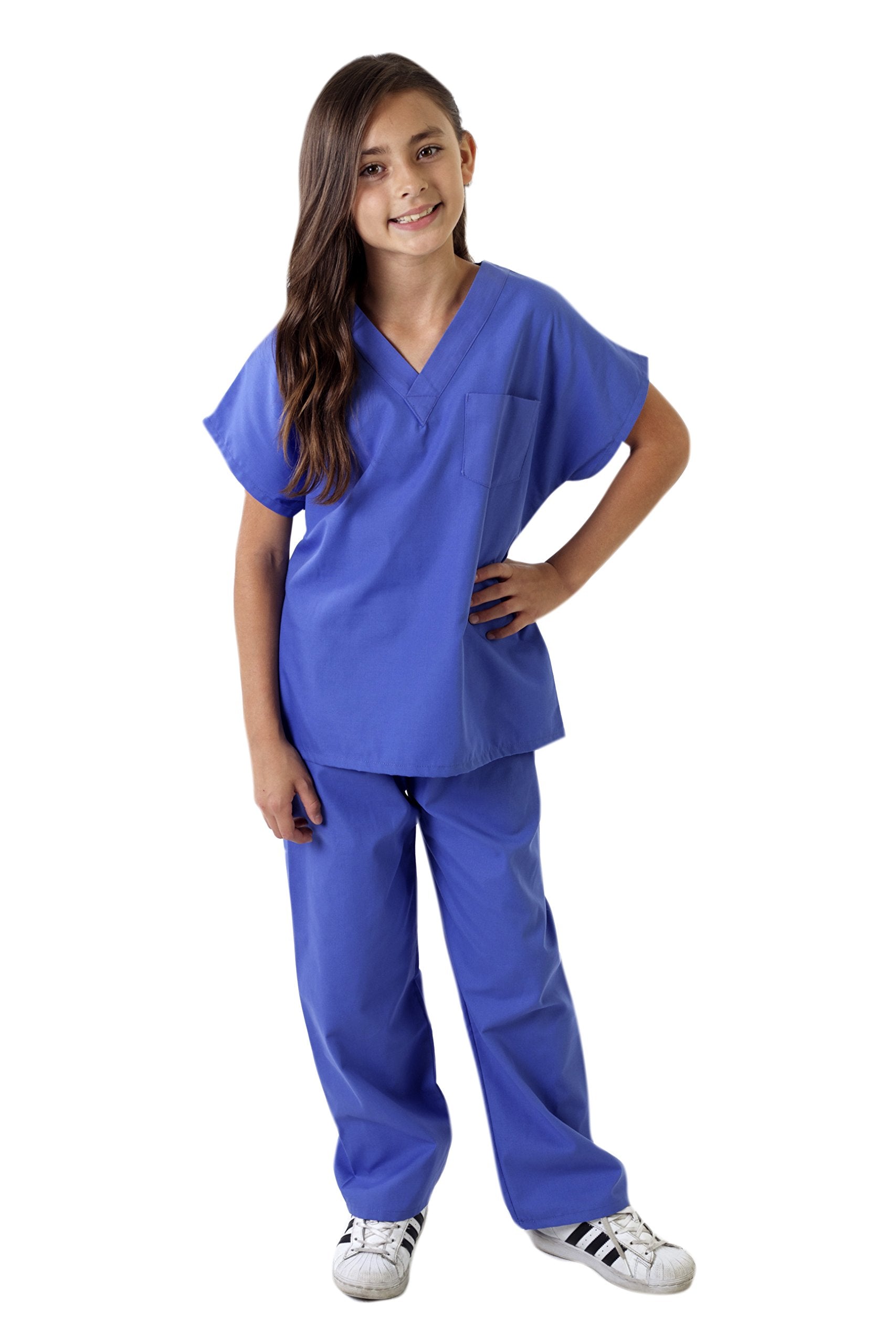 Natural Uniforms Kid's Unisex V-Neck Scrub Top & Elastic Scrub Pant Set, Ceil Blue