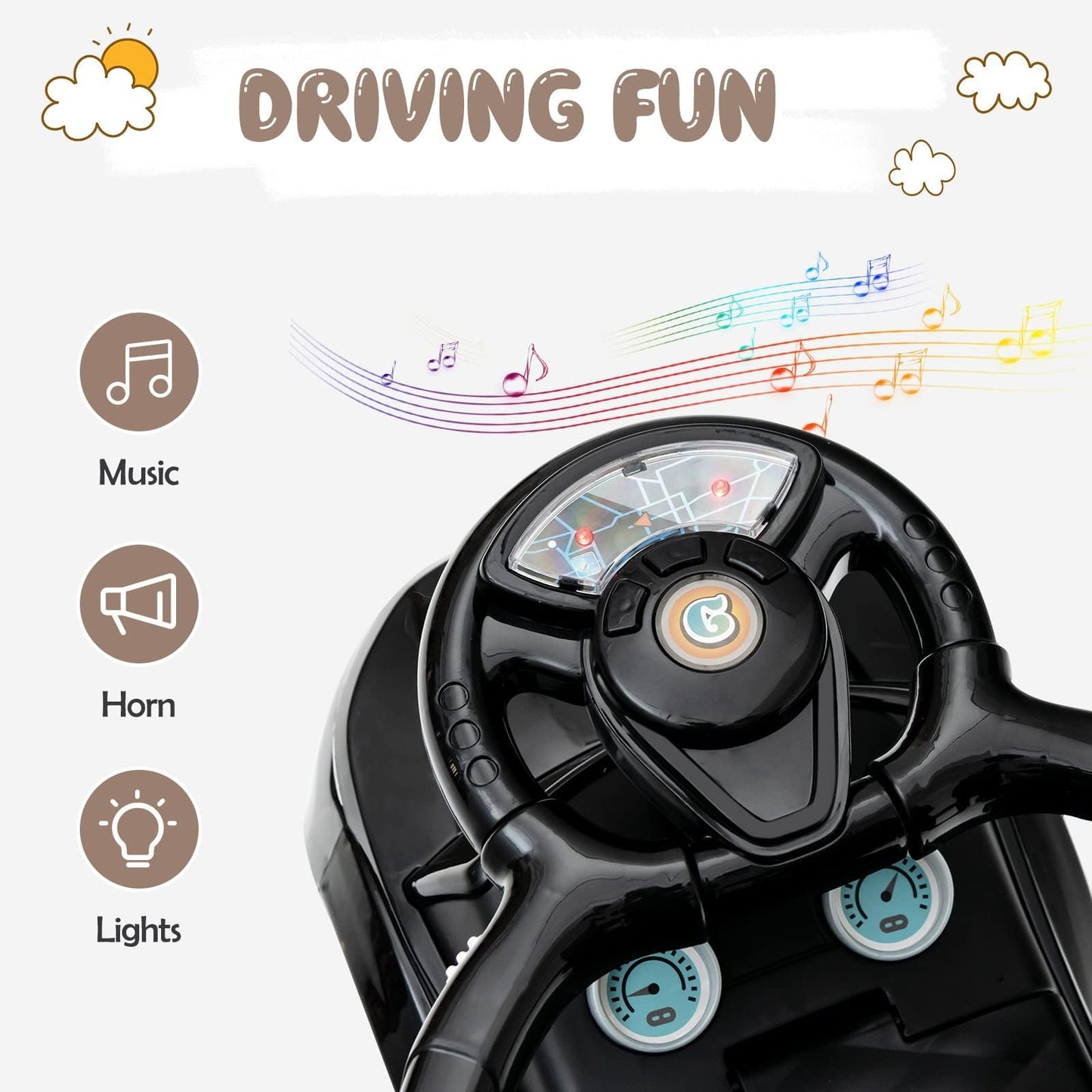 Olakids 4 in 1 Ride on Push Car for Toddlers, Dark, 35’’ x 17’’ x 33’’, Plastic, with Music, Lights, and Storage