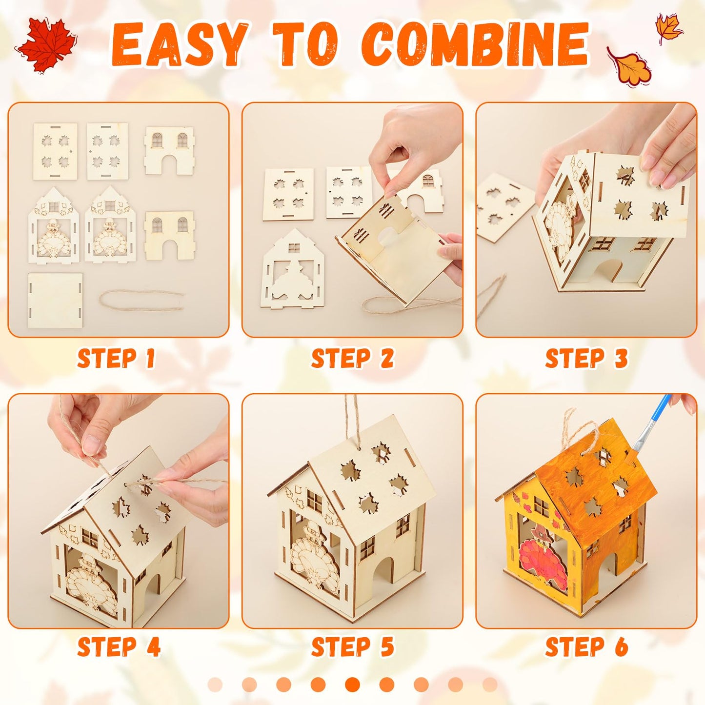 DoubleFill 12 Pcs Fall Wooden House Craft Kits for Kids Adults Make You Own Fall House Thanksgiving DIY Unfinished Painting Turk
