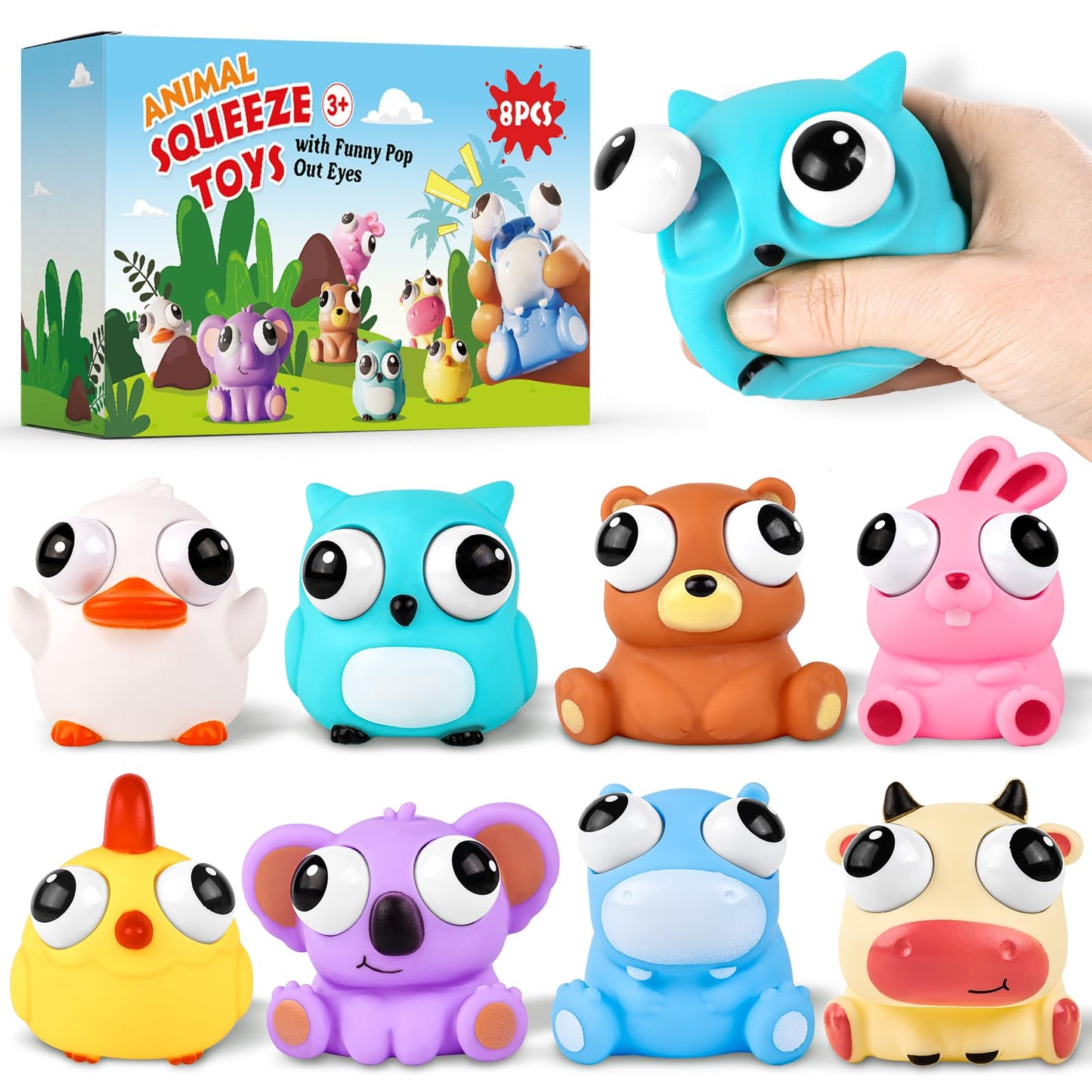 8 Pack Animal Squishy Fidget Toys, Cute Squishies Toys For Kids Adults, Pop Out Eyes Toy, Popping Eye Stress Relief Toy, Easter