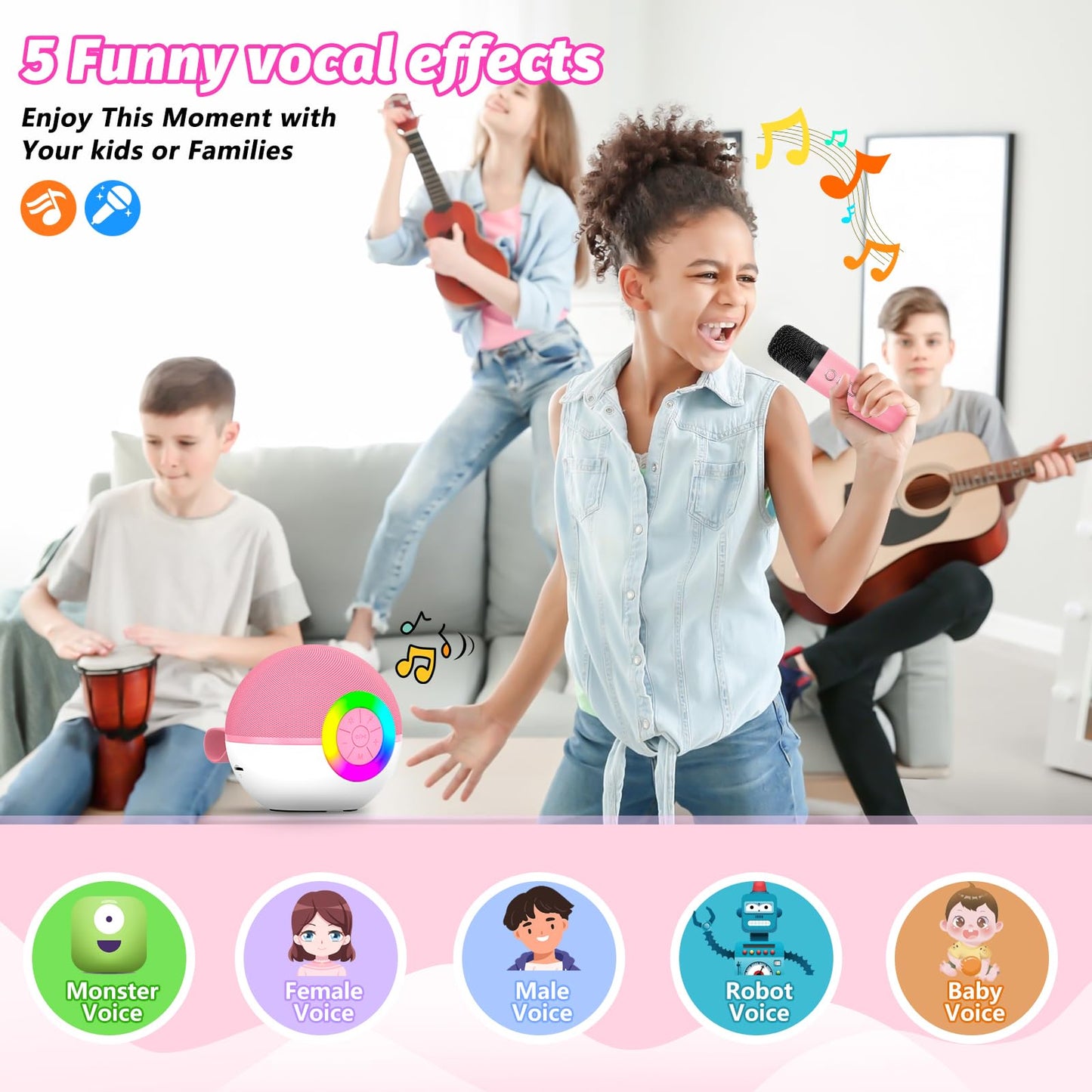 Goopow Mini Karaoke Machine Speaker For Kids Adults, Portable Bluetooth Microphone Song Toys With Led Light, Best Chritmas Birthday Festival Gift For 3 4 5 6 7 8+ Year Old Girls Boys (Pink-2Mic)