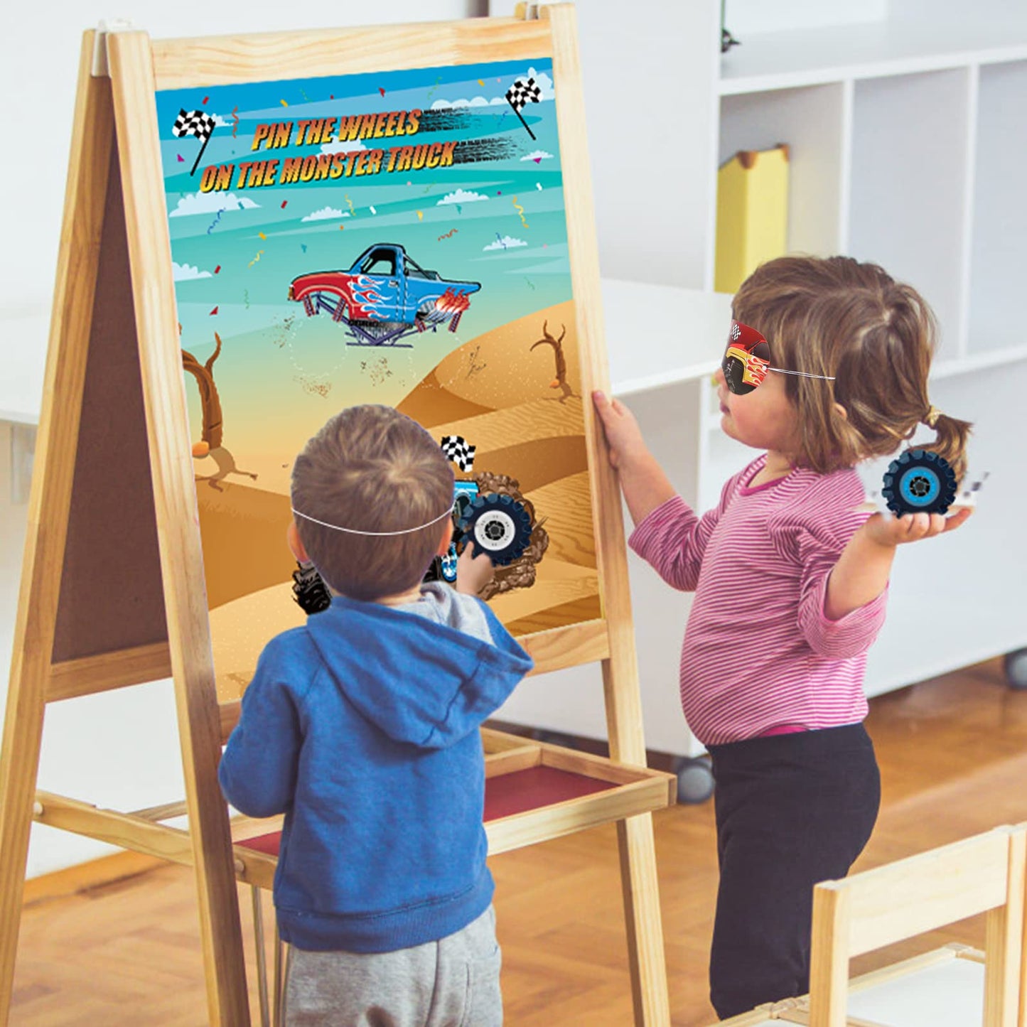 Eaezerav Pin The Wheels On The Truck Game With Monster Truck Poster, 36 Tyres Stickers, 2 Blindfolds For Car Theme Birthday Part