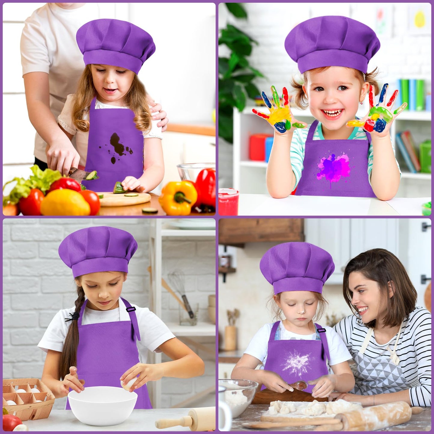Bouboni Kids Apron And Chef Hat Set (Purple) - Unisex Child, Adjustable, Polyester, 2 Pockets, For Cooking, Baking, Painting