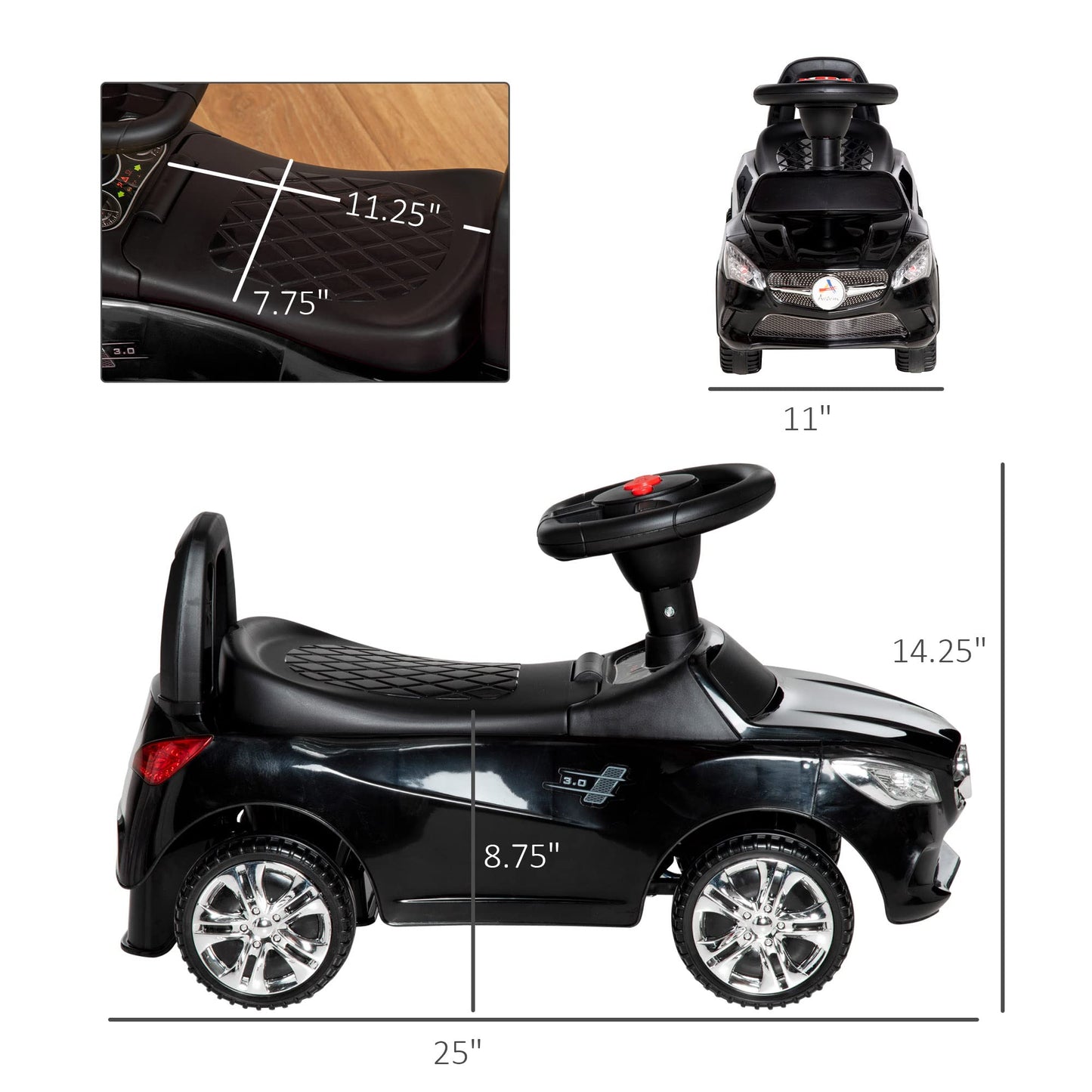 Aosom Kids Ride On Push Car, Foot-To-Floor Walking Sliding Toy Car For Toddler With Working Horn, Music, Headlights And Storage, Black