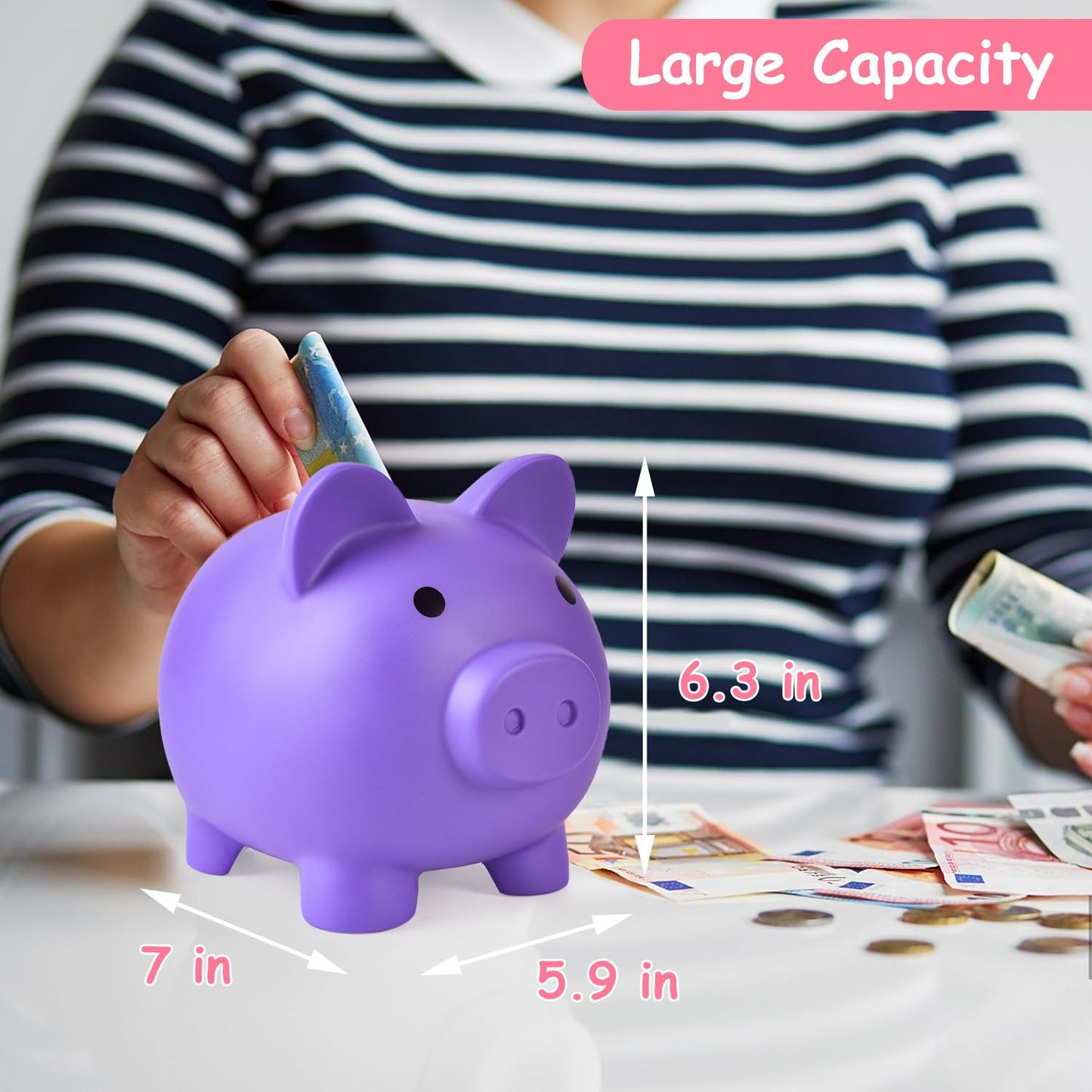 Pjdrllc Large Piggy Bank, Unbreakable Plastic Money Bank, Coin Bank For Girls And Boys, Large Size Piggy Banks, Practical Gifts For Birthday, Easter, Christmas (Purple)