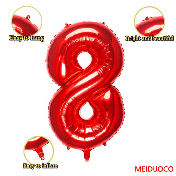 Meiduoco 1Pc Red 8 Number Balloon, 32 Inches, Foil, Self Sealing, Aluminum, Birthday Decoration Supplies