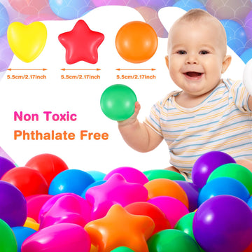 RoundFunny 100 Pieces Pit Balls for Kids Star Heart Shape Plastic Balls for Toddler Playpen 2.17'' Play Toy for Crawl Tunnel Inf