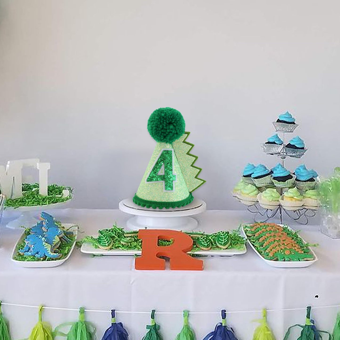 HODIHIWI Dinosaur 4th Birthday Hat Green Dino Theme First Party Decoartion Favors For Boy