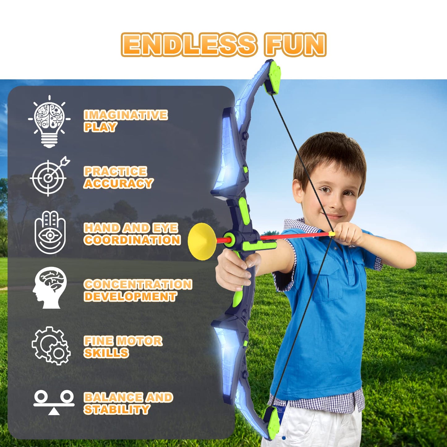 Kmuxilal 2 Pack Kids Bow And Arrow Set With Led Flash Lights, 14 Suction Cup Arrows And Fluorescence Standing Target-Perfect Indoor And Outdoor Archery Set Toy Gift For Boys And Girls Ages 4-12