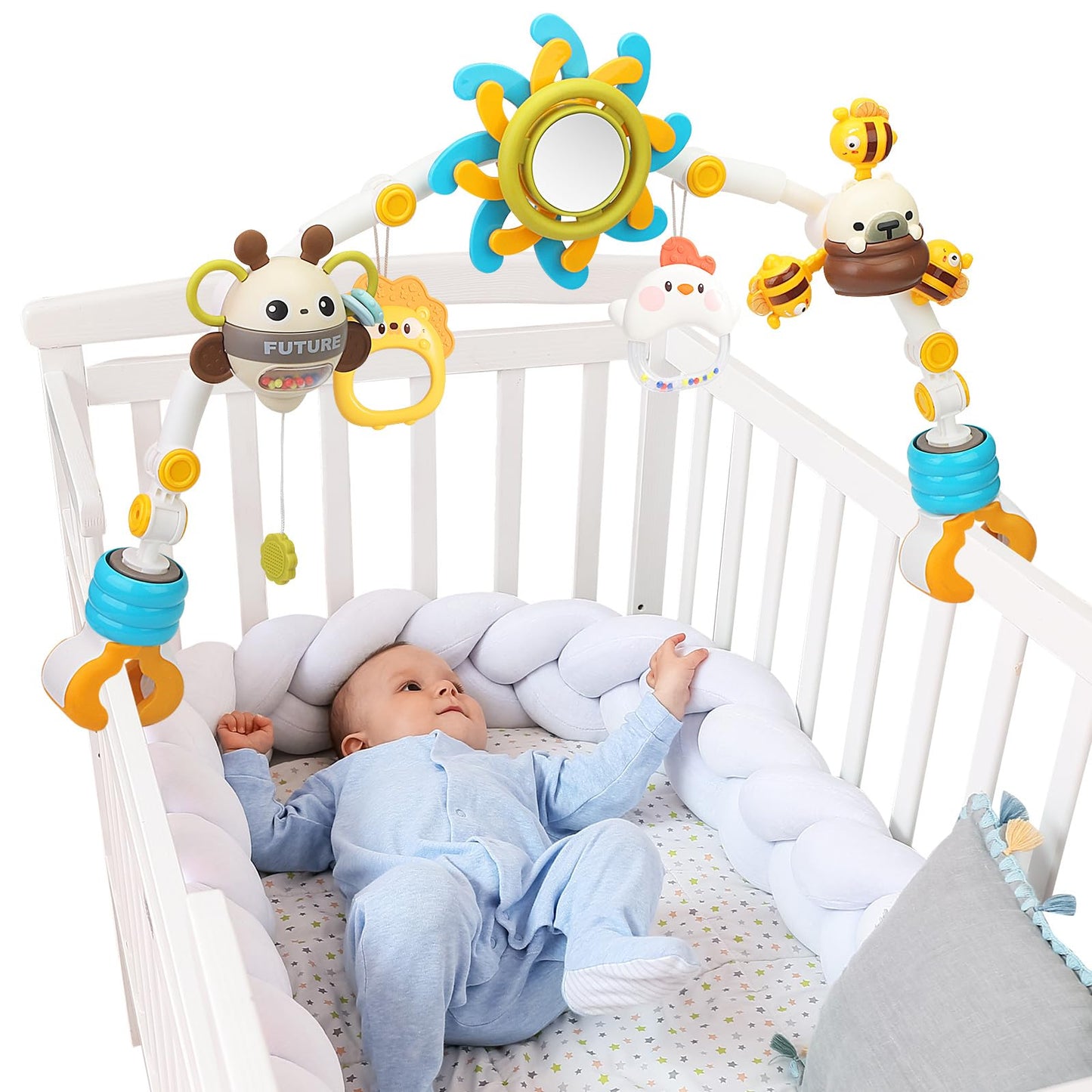 Caterbee Baby Bouncer Bar Toy, Pram Toy With Activity Travel Arch Bassinet Toys For Toddlers (Blue)