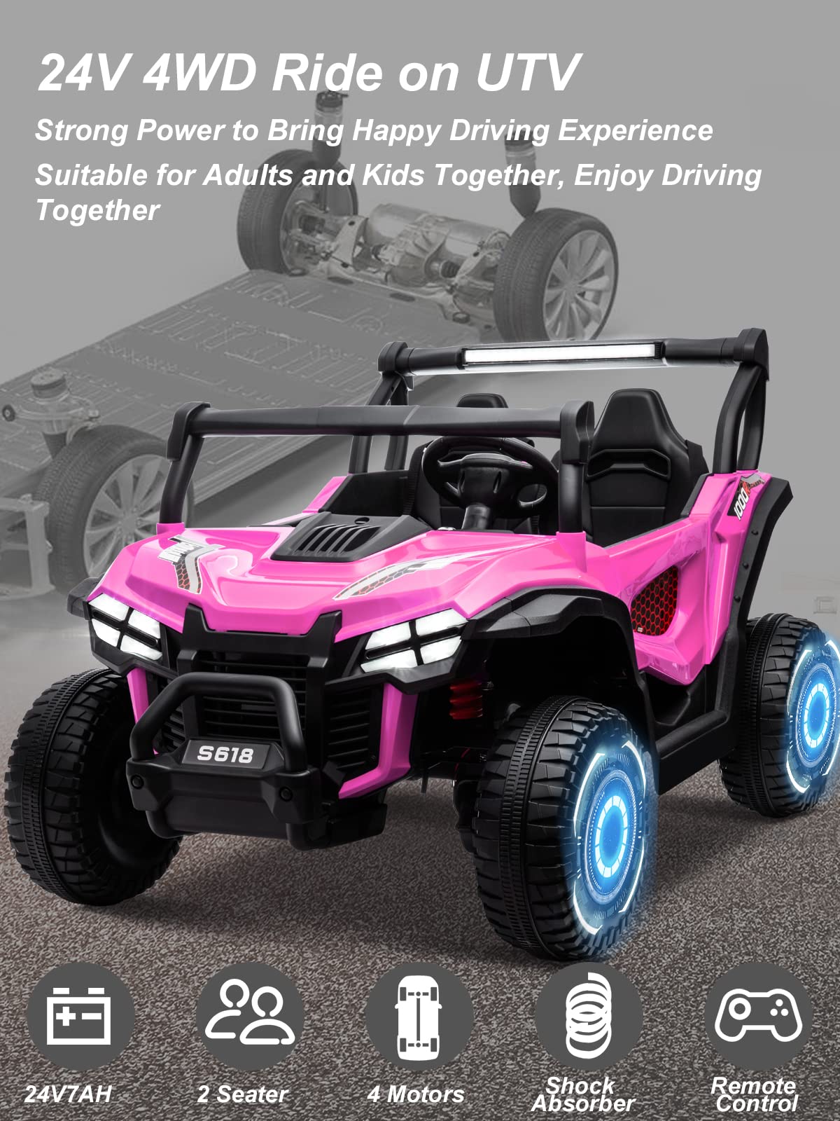 Ottaro 24V Xxxl Electric Cars 2 Seater, Ride On Cars Vehicles For Big Kids, 4Wd Ride On Utv Truck W/Remote Control, 25'' Spaciou