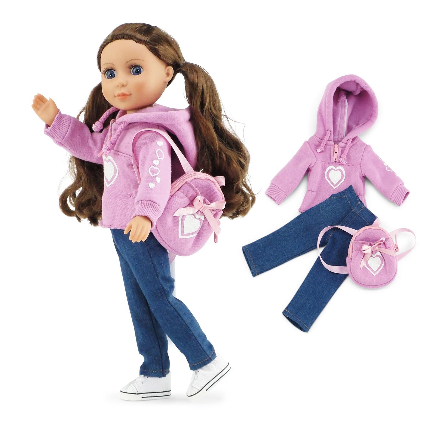 Emily Rose 14-Inch Doll Clothes 3-Pc Pink Heart Hoodie Sweatshirt With Jeans - Clothing & Accessories Set With Backpack | Doll A