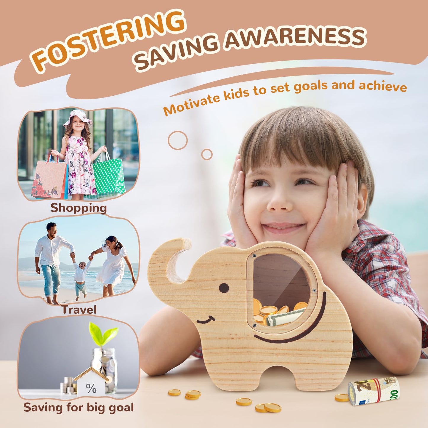 Wooshwa Elephant Piggy Bank For Kids, Wooden Money Bank For Boys Girls Toddler, Unbreakable Bills And Coins Cash Box, Creative S