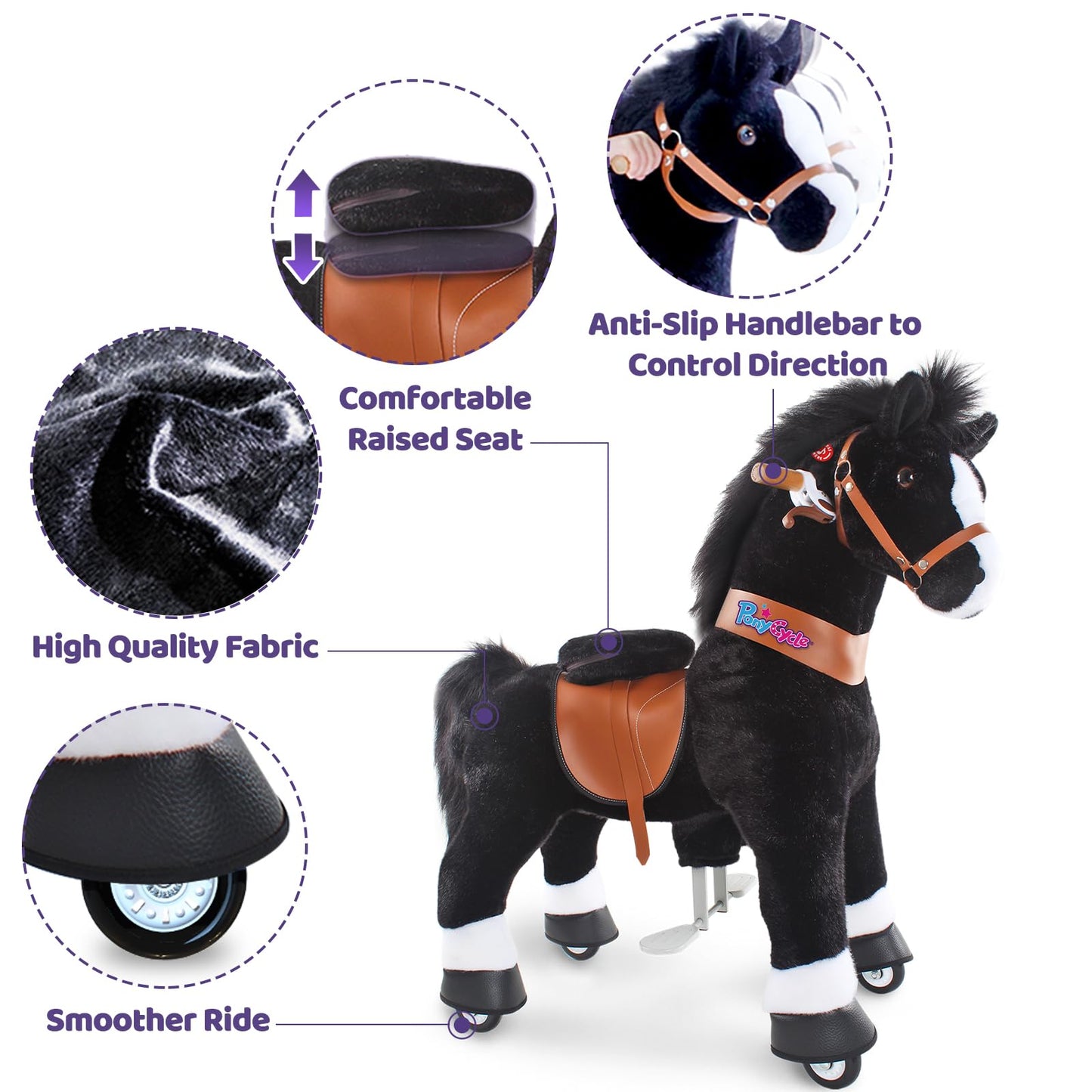 Ponycycle Kids Ride Horse Riding Horses For 3-5 Years Old Horse Ride On Toy With Brake(30' Height/Size 3 Classic Model U) Children Ride-On Pony With Wheels Plush Giddyup Boys & Girls Gifts Ux326