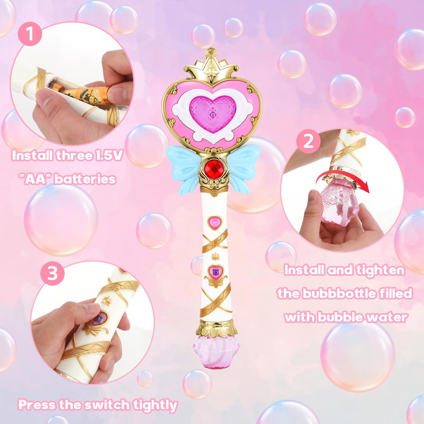 Princess Automatic Bubble Wand Solution for Toddler Kid Toy Age 1 2 3 4 5 6 7 8 1yr Year Old Little Girl Gift Blower Machine Out